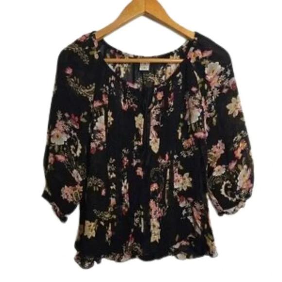 Bila Tops - Bila Bohemian Moody Floral Peasant Sheer Lace Pintuck Detail Ruffle Tie Blouse M